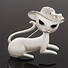 'Lady Cat In The Crystal Hat' Brooch In Silver Tone Metal - 5cm Length