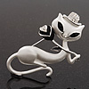 White Matte Enamel 'Lady Cat With Black Rose' Brooch In Silver Tone Metal - 5.5cm Length