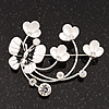 Flower & Butterfly White/Black Enamel Crystal Brooch In Silver Tone Metal - 6cm Length