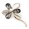 Abstract Light/ Grey Clear Diamante Floral Brooch In Gold Finish - 6cm Length