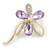 Abstract Light Purple/Clear Diamante Floral Brooch In Gold Finish - 6cm Length