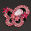 Large Pink Crystal 'Butterfly' Brooch In Rhodium Plating - 8cm Length
