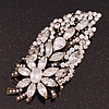 Oversized Clear Glass Floral Corsage Brooch In Burn Gold Metal - 11.5cm Length