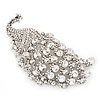 Gigantic Clear Crystal 'Peacock' Brooch In Silver Plating - 11cm Length