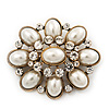 Vintage Faux Pearl Diamante Brooch In Antique Gold Metal - 5.5cm Length