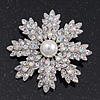 AB Crystal 'Snowflake' Simulated Pearl Brooch In Silver Plating - 6cm Diameter