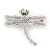 Clear Crystal 'Dragonfly With Simulated Pearl' Brooch In Silver Plated Metal - 6cm Length