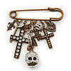 'Crosses, Hearts & Skulls' Charm Safety Pin Brooch In Bronze Finish Metal -
