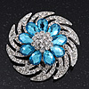 Light Blue/Clear Diamante Flower Scarf Pin Brooch In Silver Plating - 5.5cm Diameter