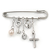'Simulated Pearl, Cross, Lock&Key' Safety Pin Brooch In Rhodium Plated Metal -
