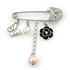 'Flower, Butterfly & Simulated Pearl Bead' Swarovski Crystal Safety Pin Brooch In Rhodium Plated Metal - 5cm Length