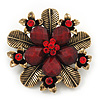 'Botanica' Flower Brooch In Antique Gold Finish Crystal/Stone (Red) - 5.5cm Diameter