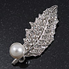Rhodium Plated Diamante/Simulated Pearl 'Leaf' Brooch - 5cm Length