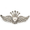 'Crown & Wings' Simulated Pearl/ Crystal Brooch In Rhodium Plating - 6cm Length
