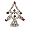 Green/Red/White Crystal 'Christmas Tree' Brooch In Silver Plating - 4.5cm Length