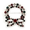 Red/Green/White Crystal Christmas Holly Wreath Brooch In Silver Plating - 4.5cm Length