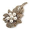 Vintage Bridal Swarovski Crystal Faux Pearl Floral Brooch In Burn Gold Tone - 7cm Length