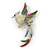 Multicoloured Enamel Diamante 'Bird' Brooch In Rhodium Plating - 6.5cm Length