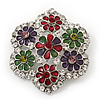 Multicoloured Enamel Diamante 'Flower' Brooch In Rhodium Plating - 4.5cm Diameter