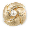 Vintage Textured Diamante, Simulated Pearl Corsage Brooch In Gold Plating - 4.5cm Diameter