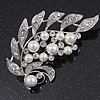 Bridal Clear Diamante, White Simulated Pearl Floral Brooch In Rhodium Plating - 7cm Length