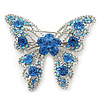 Dazzling Sky Blue Crystal Butterfly Brooch In Rhodium Plating - 6cm Length