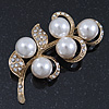 Vintage Diamante, Simulated Pearl Floral Brooch In Gold Plating - 6.5cm Length