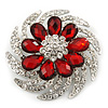 Dimensional Clear/ Ruby Red Coloured Crystal Corsage Brooch In Rhodium Plating - 5cm Diameter