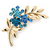 Blue Diamante Floral Brooch In Gold Plating - 50mm Length