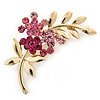 Pink Diamante Floral Brooch In Gold Plating - 50mm Length
