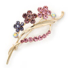 Pink/ Purple/ Violet Crystal 'Bunch Of Flowers' Brooch In Gold Plating - 62mm Length