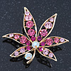 Fuchsia/Pink/ Clear 'Leaf' Brooch In Gold Plating - 52mm Length