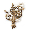 White Simulated Pearl, Clear Crystal Bouquet Brooch In Burn Gold - 5cm Length