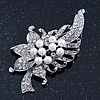 White Simulated Pearl, Clear Crystal Floral Brooch In Rhodium Plating - 67mm Length
