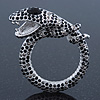 Black/ Hematite Crystal Coiled Snake Brooch In Silver Plating - 65mm Across