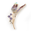 Gold Plated Purple/ Clear Crystal 'Rose' Brooch - 55mm Length