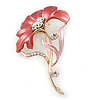 Pink/Coral Enamel Diamante 'Flower' Brooch In Gold Plating - 55mm Length