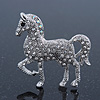 Small Rhodium Plated Pave Set Clear Crystal 'Horse' Brooch - 35mm Across