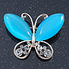 Sky Blue Cat's Eye Stone/ Diamante Butterfly Brooch In Gold Plating - 40mm Width