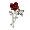 Classic Red Rose With Simulated Glass Pearls Brooch In Rhodium Plating - 35mm Across