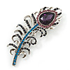Stunning Vintage Inspired 'Peacock Feather' Brooch In Rhodium Plating (Teal/ Dark Blue/ Purple) - 80mm Length