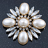 Bridal Vintage Inspired Clear Crystal, White Simulated Pearl Square Brooch In Gold Plating - 60mm Across