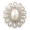 Vintage Inspired Rhodium Plated Simulated Pearl, Crystal Oval Brooch - 55mm Across