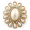 Vintage Inspired Gold Plated Simulated Pearl, Crystal Oval Brooch - 55mm Across