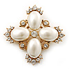 Vintage Inspired Small Simulated Pearl, Diamante 'Cross' Brooch In Gold Plating - 55mm Across