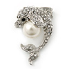 Clear Crystal 'Dolphin With Simulated Pearl Ball' Brooch In Rhodium Plating - 37mm Length