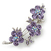 Light Purple Crystal Floral Brooch In Rhodium Plating - 55mm Length