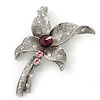 Vintage Inspired Textured Diamante Flower Brooch In Antique Silver Tone - 55mm Length