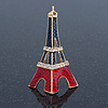 Dark Blue, Red Crystal 'Eiffel Tower' Brooch In Gold Plating - 60mm Length