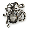 Victorian Style Black, Clear Swarovski Crystal 'Bow' Brooch In Gun Metal - 50mm Across